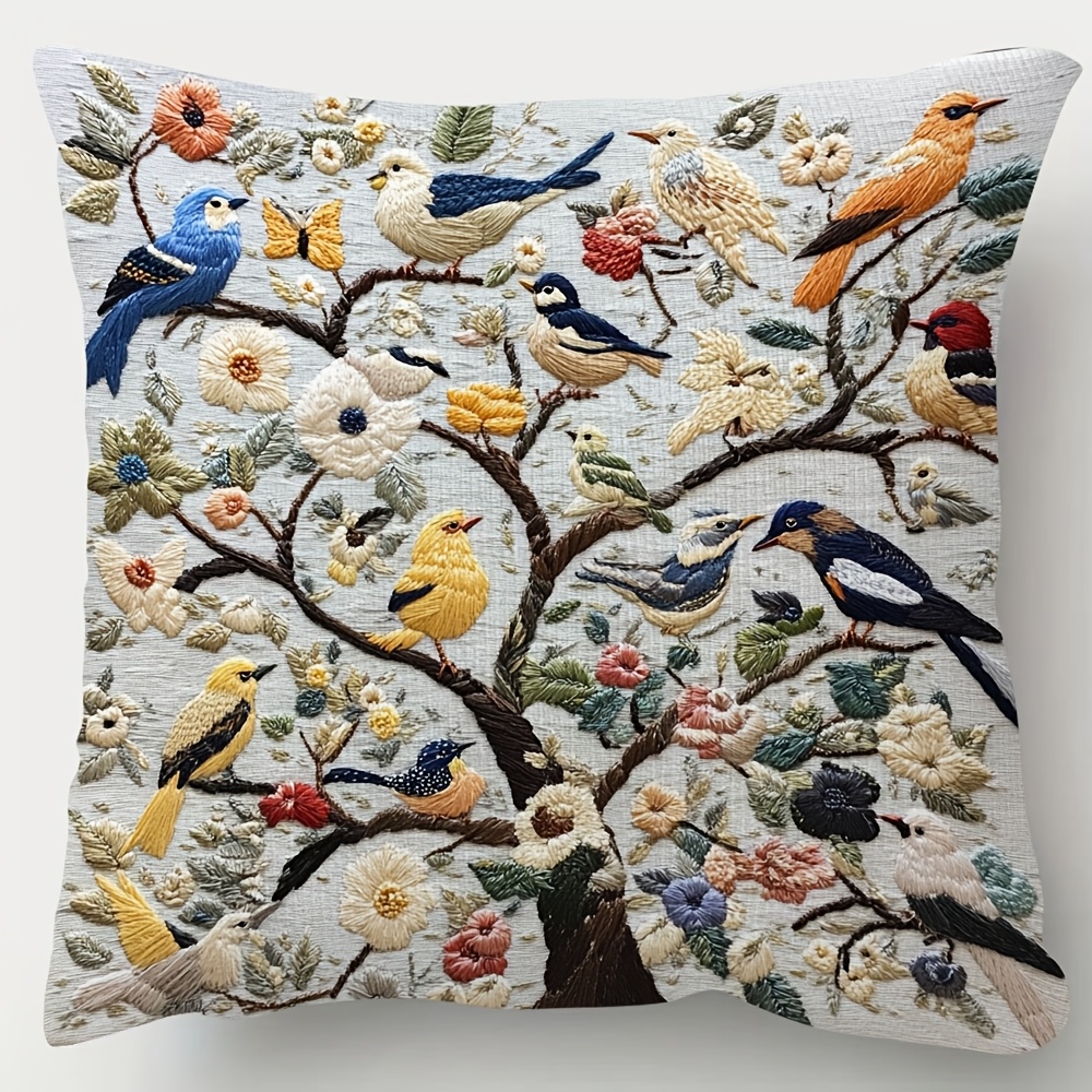 

1pc Vintage Bird Embroidery Throw Pillow Cover, 18x18 Inch, Short Plush Polyester, Woven, Hand Wash, With Zipper Closure, For Sofa, Bedroom, Party Decor (cover Only, No Insert)