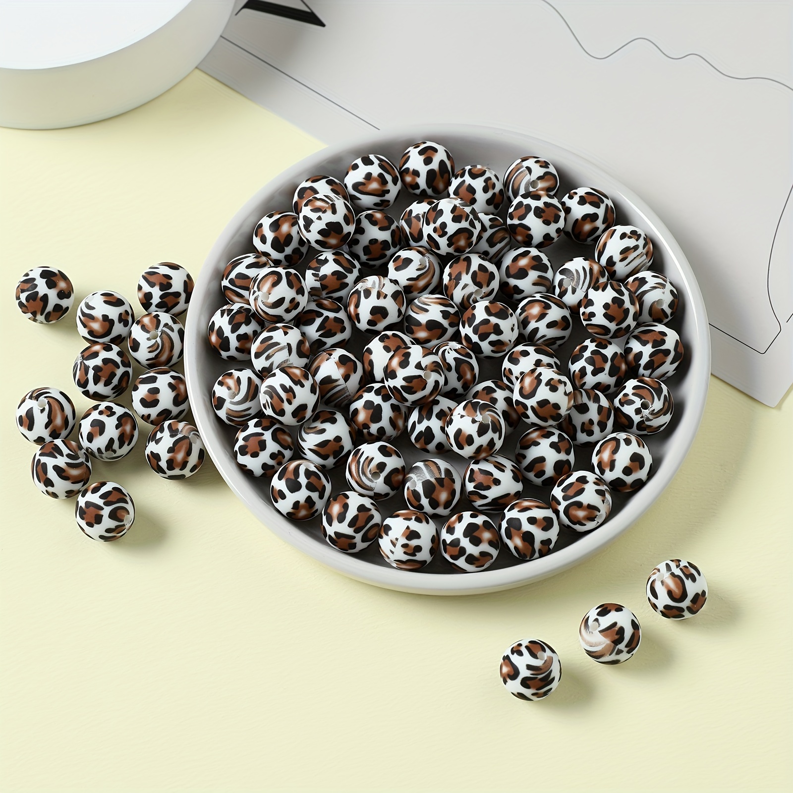 

50pcs Leopard Print Silicone Beads 15mm - Fashionable Round Animal Pattern Beads For Diy Keychains, Bracelets & Necklaces Crafting