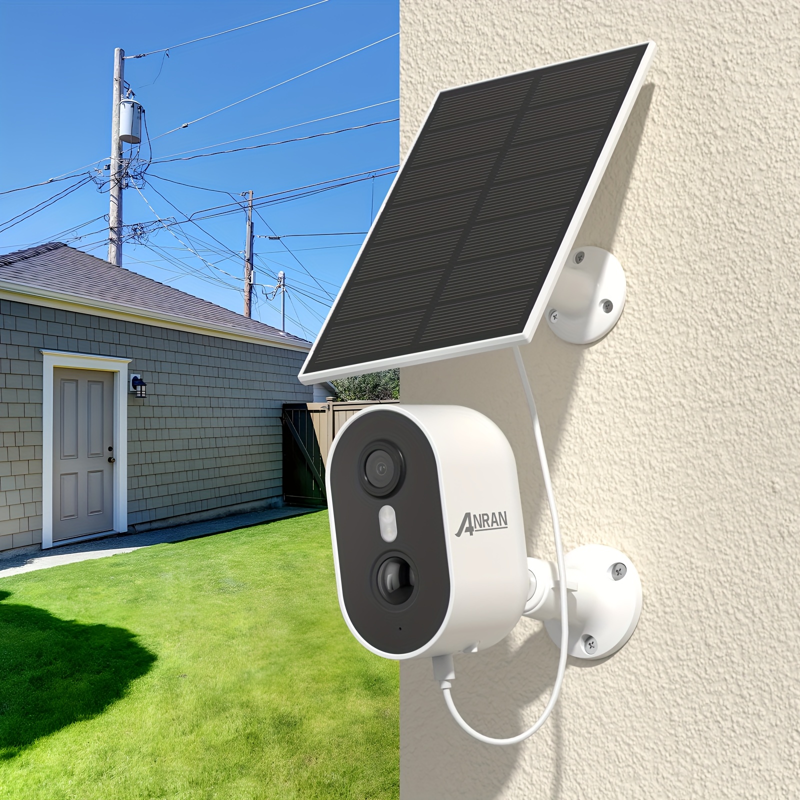 ANRAN Caméras de sécurité solaires sans fil pour l'extérieur, protection de la maison, caméra de surveillance avec panneau solaire, projecteur, détection PIR, compatible avec Alexa, C2 Blanc, stockage cloud uniquement