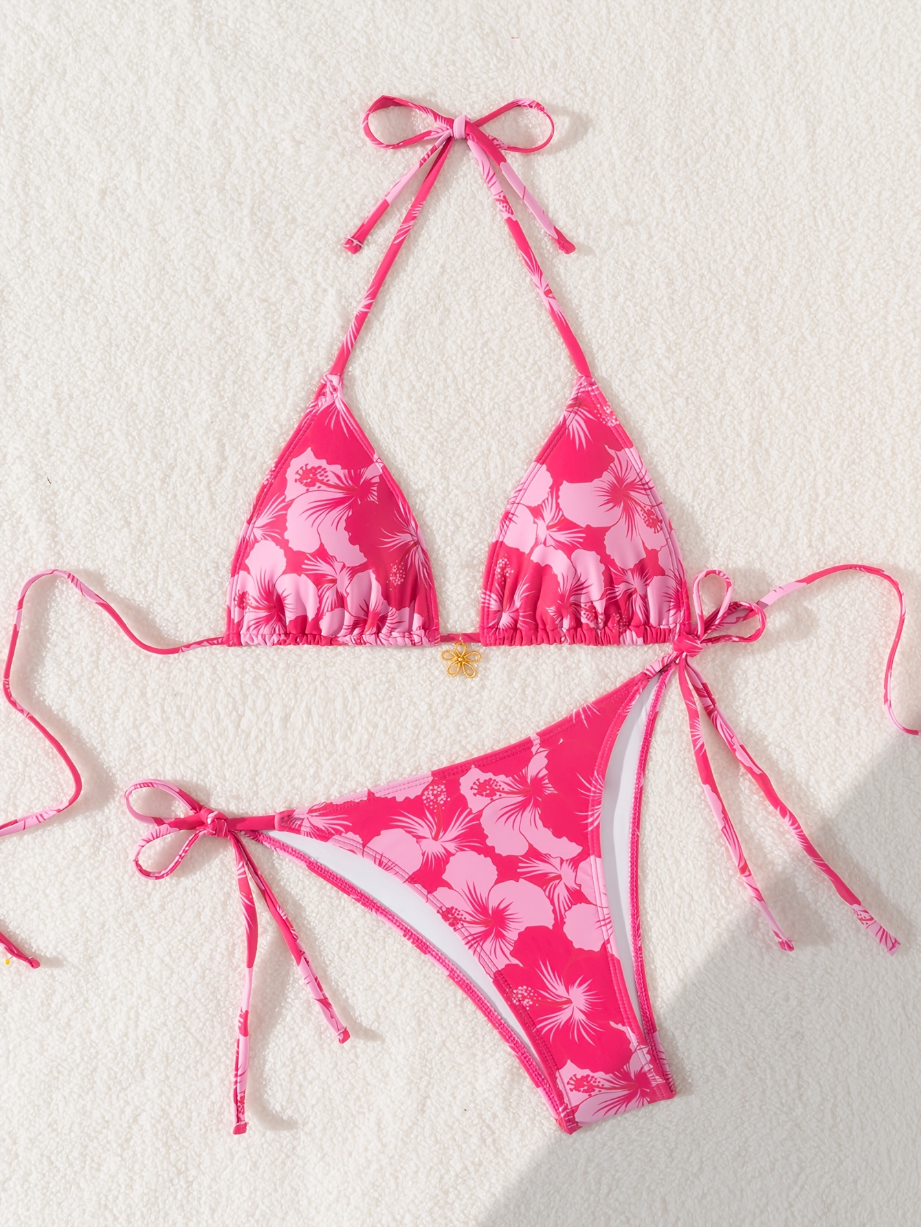 Easter-Themed Red & White Floral Print Bikini with Adjustable Lace-Up Straps - Stretchy V-Neck Swimsuit for Women, Perfect for Beach or Poolside, Beachwear Essentials|Vneck Swimsuit|Stretchy Fabric