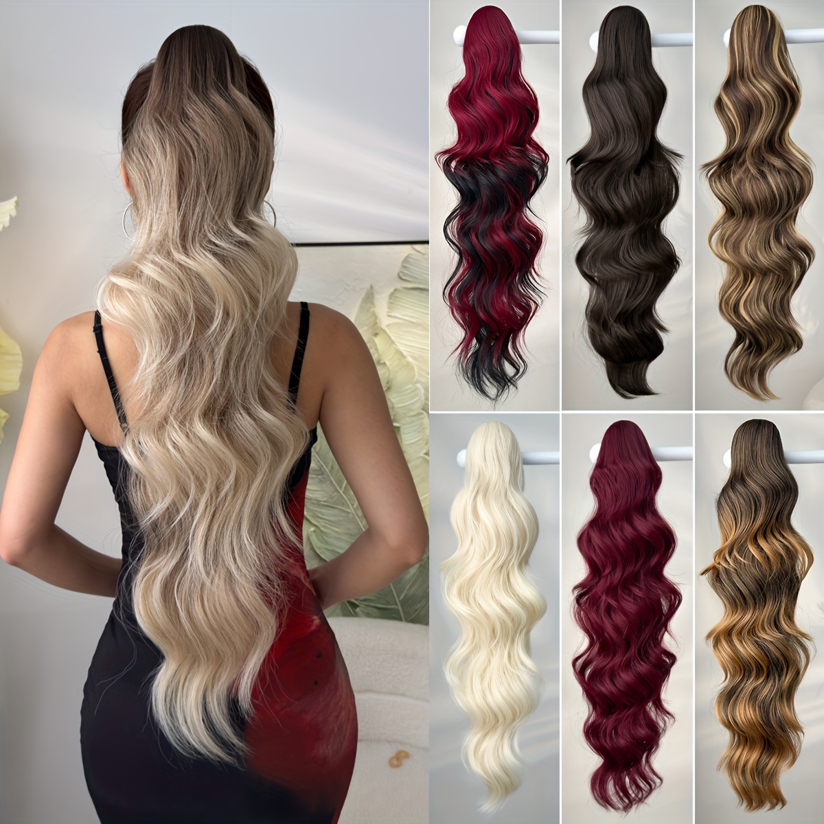 Pferdeschwanz-Verlngerung mit Klammer, langes gewelltes Haar, Ombre-Farbe,  76,2 cm, hitzebestndige Faser, synthetisches Pferdeschwanz-Haarteil fr  Damen, fr Party *
