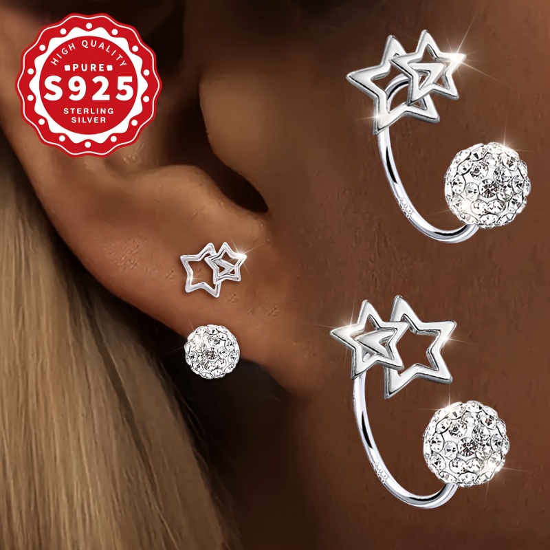 Image of A Pair, S925 Sterling Silver, Women's Hollow Double Star Spherical Screw Ear Hooks, Screw Design, Light Luxury And Exquisite, Sweet , Suitable For Daily Versatile Wear, For Women, Hypoallergenic