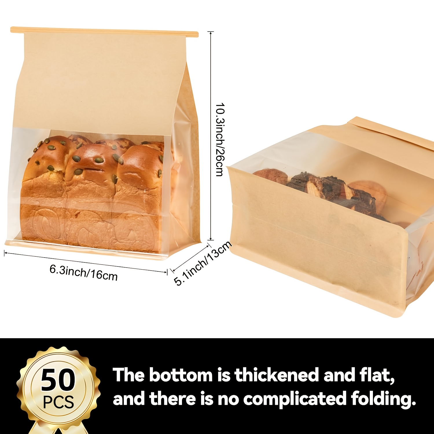 Image of 50pcs Bread Bags For Homemade Breads, Sourdough Bread Bags With Tin Tie Tab Lock And Clear Window, Large Paper Bakery Bags, Brown, For Baked Food Packaging Storage