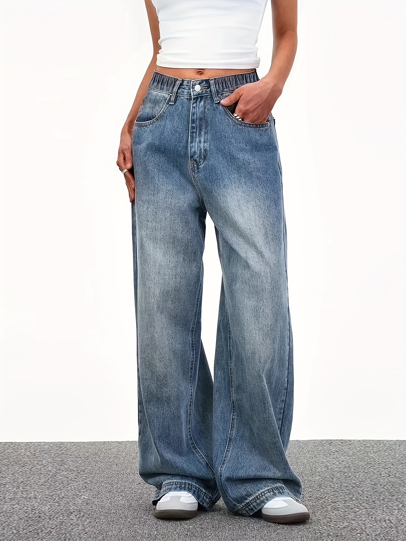 Cicy Bell Jeans Gamba Larga Vita Alta Donna - Elasticizzati E Morbidi Con Tasche - Denim Comodo Baggy Loose