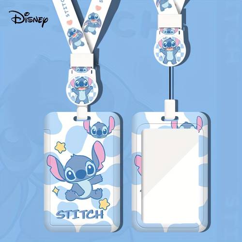 Disney Stitch Cute Card Holder with Retractable Lanyard - ID & Access Badge Sleeve for Office and School Use