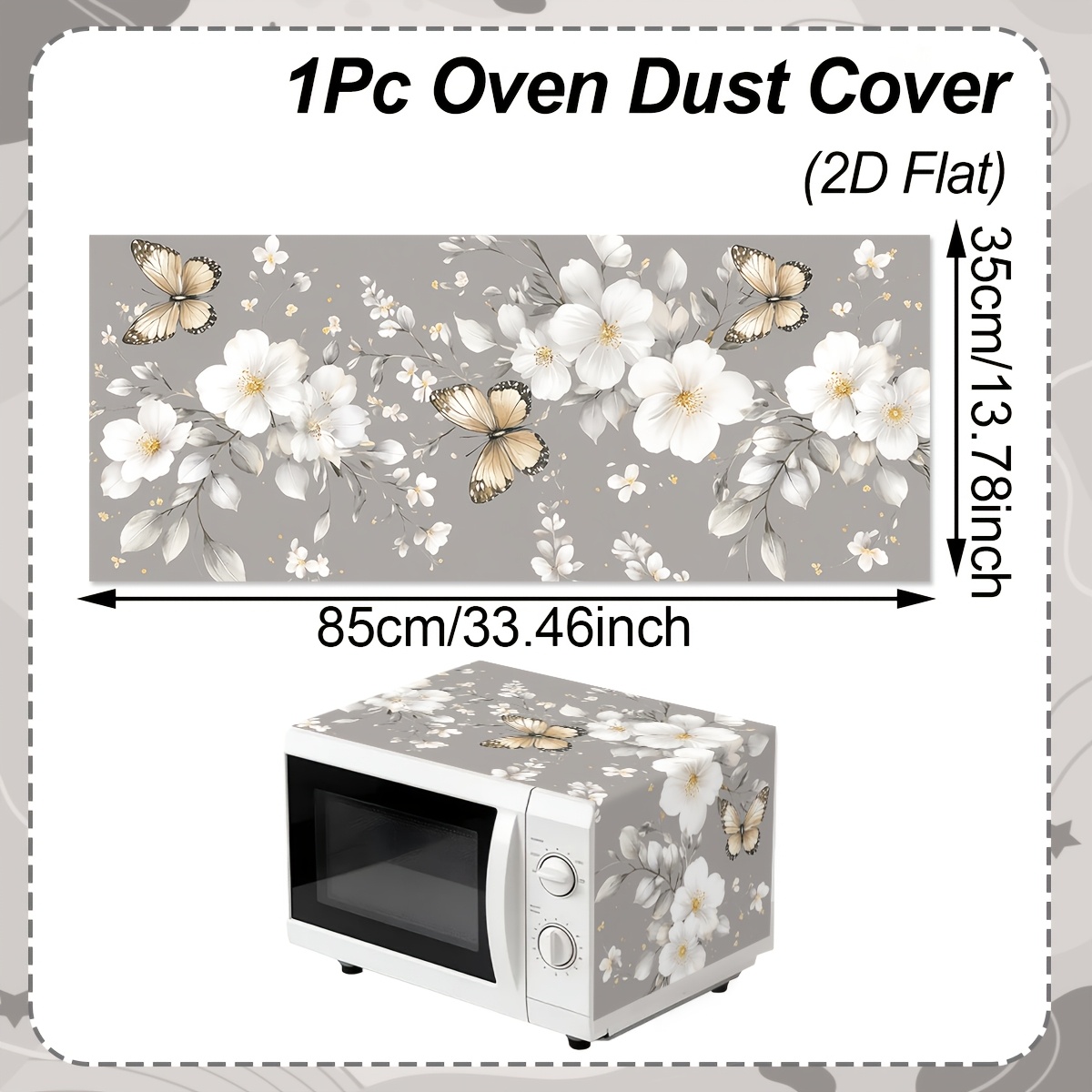 TEMU 1pc Gray Microwave Cover With White Flower & Patterns - Suitable For Oven Replacement, Dust Cover For Microwaves, Ovens, For Home Kitchen Decor,