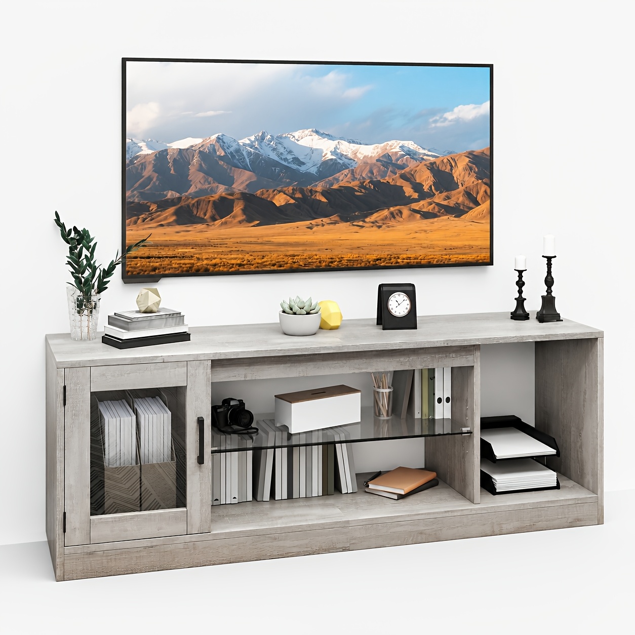 Image of Brown Tv Cabinet 148cm Suitable For Tvs Up To 65 Inches 5-layer Tempered Glass Adjustable Shelves Game Entertainment Storage Rack