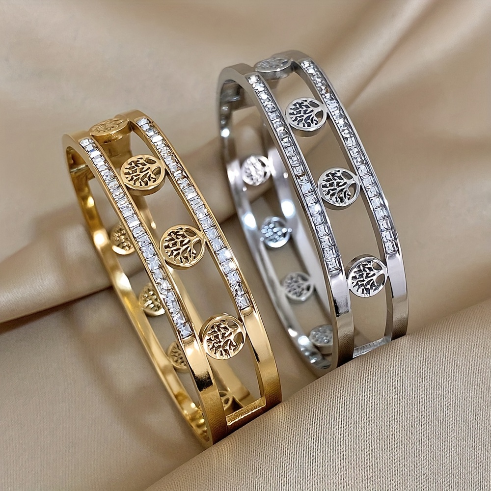 

Nouveau Bracelet En Acier Inoxydable Plaqué Or 18 Carats De Style Arbre De Vie Évidé, Cadeau Pour La Famille Et Les Amis