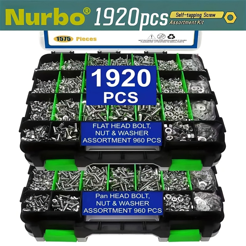 Image of 1920pcs Stainless Steel Cross Head And Countersunk Bolts M3 M4 M5 M6 With Nuts & Washers Assortment Kit, Includes Double-sided Toolbox
