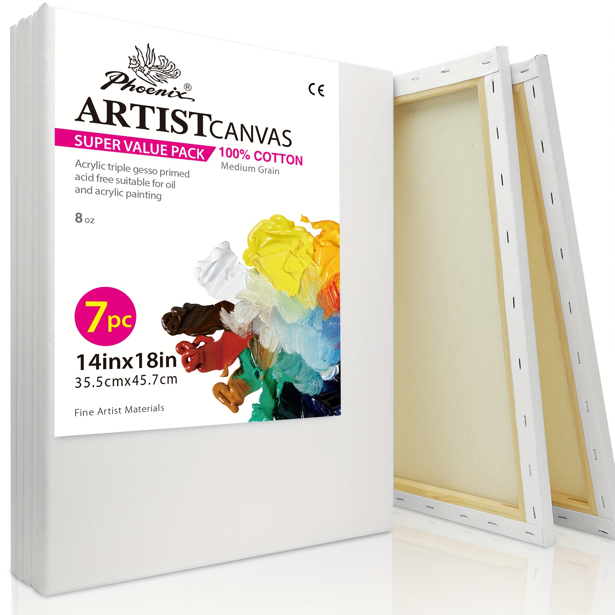 

Phoenix Stretched Canvas For Painting 14x18 Inch/7 Value Pack, 8 Oz Triple Primed 5/8 Inch Profile 100% Cotton White Blank Canvas, Large Framed Canvas For Oil Acrylic & Pouring Art