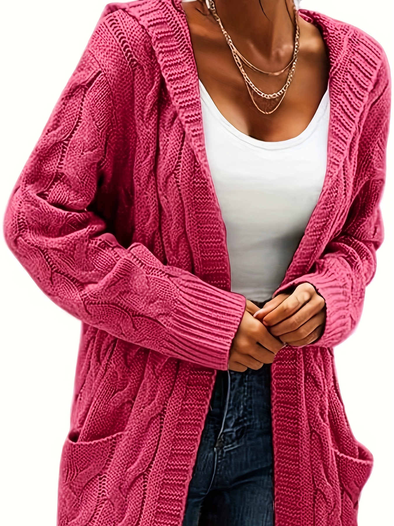 Chunky 2024 Knit Hooded Cardigan, Solid Long Open Front Sweater