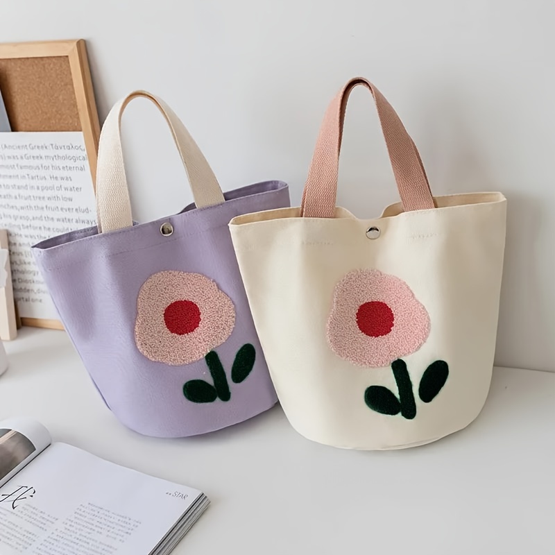 

Mignon Sac À Main Imprimé Fleur, Petit Sac Seau En Toile, Sac De Rangement Portable Pour Bureau École Voyage