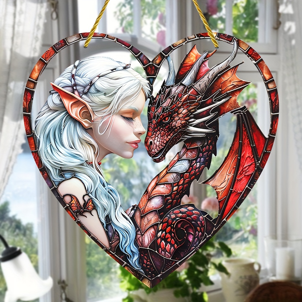 

Dragon Girl Acrylic Sun Catcher - 8"x8" Heart-shaped Stained Glass Window Hanging, Colorful Wall Art For Garden, Porch & Home Decor - Perfect Gift For Mom & Friends