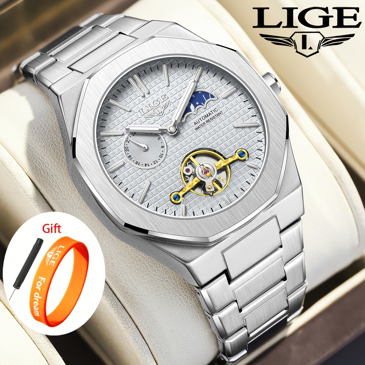 Image of Lige 's Mechanical Watch And Bracelet Set, Multifunctional Chronograph Wristwatch, Business Men's Watch, Sporty Fashion Watch