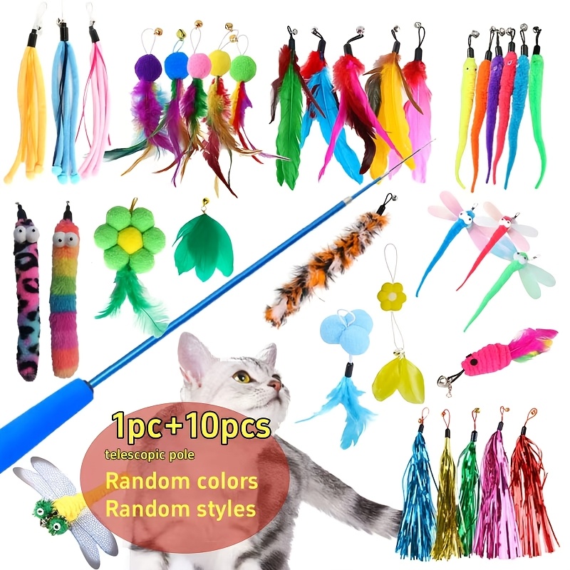 TEMU 6/11pcs Random Color And Style Interactive Cat Toy Set, Includes 1 Telescopic Rod And 5/10 Replacement Springs For Cat Fishing Toys, With Fixed