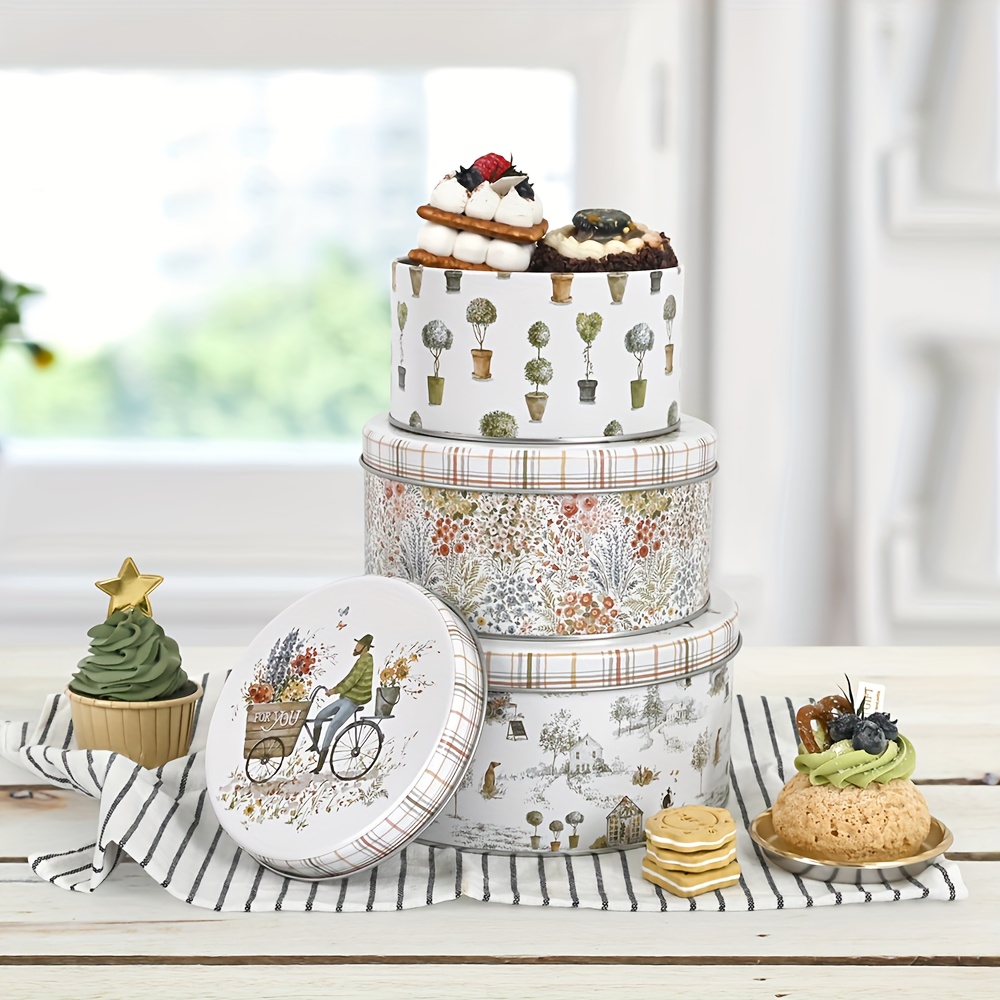 3pcs Set   Round Cake & Biscuit Storage Tin Box with Lids - Heavy-Duty Cast Iron Stackable Baking Pan Set with Floral &   Patterns, 7.87” Height & 7.87” Base, Elegant Layered Design for Kitchen Storage, Birthday/Wedding/Cake Decorating - Ideal  , Durable & Easy-Clean Baking Containers, Cake Supplies, Mini Baking Molds, Baking Accessories, Baking Cake Pan, Mini Cake Tin