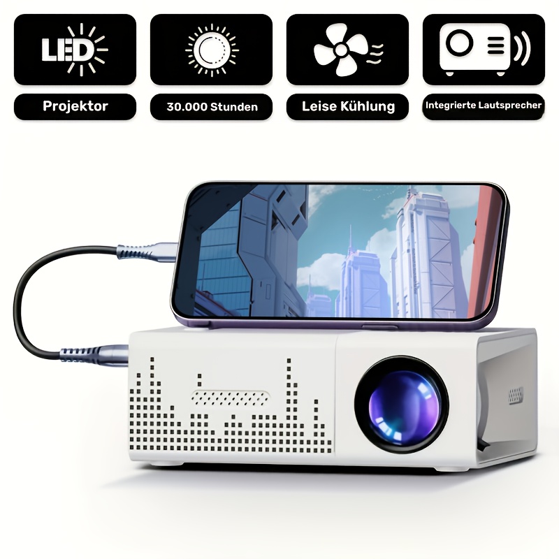 TEMU AMOVFILM Tragbarer Projektor, Hochauflösender Intelligenter Video-Projektor, USB-Anschluss, Fernbedienung – Kompatibel mit Smartphones, Tablets,