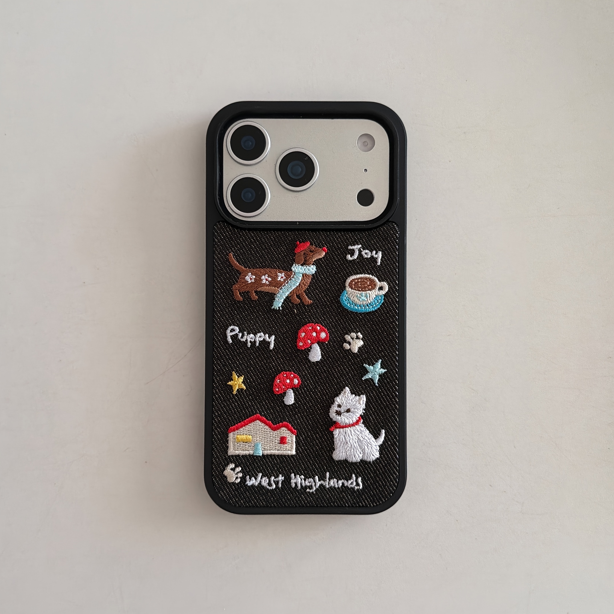 TEMU Phone Case: Fashionable And Casual Black Denim Embroidered Series With Fun Cartoon Embroidery Of Puppy, Mushroom, And House With Coffee,