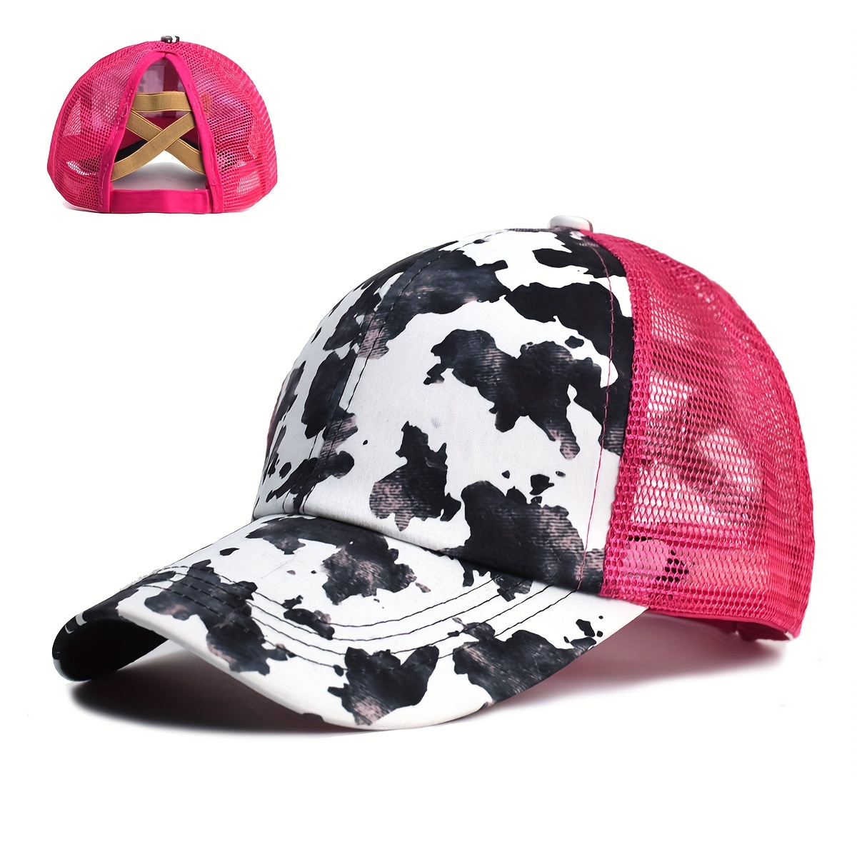 

Women's Ponytail Baseball Cap, Adjustable Mesh Trucker Hat With Tail Hole, Breathable Peaked Hat With Black & White Cow Print