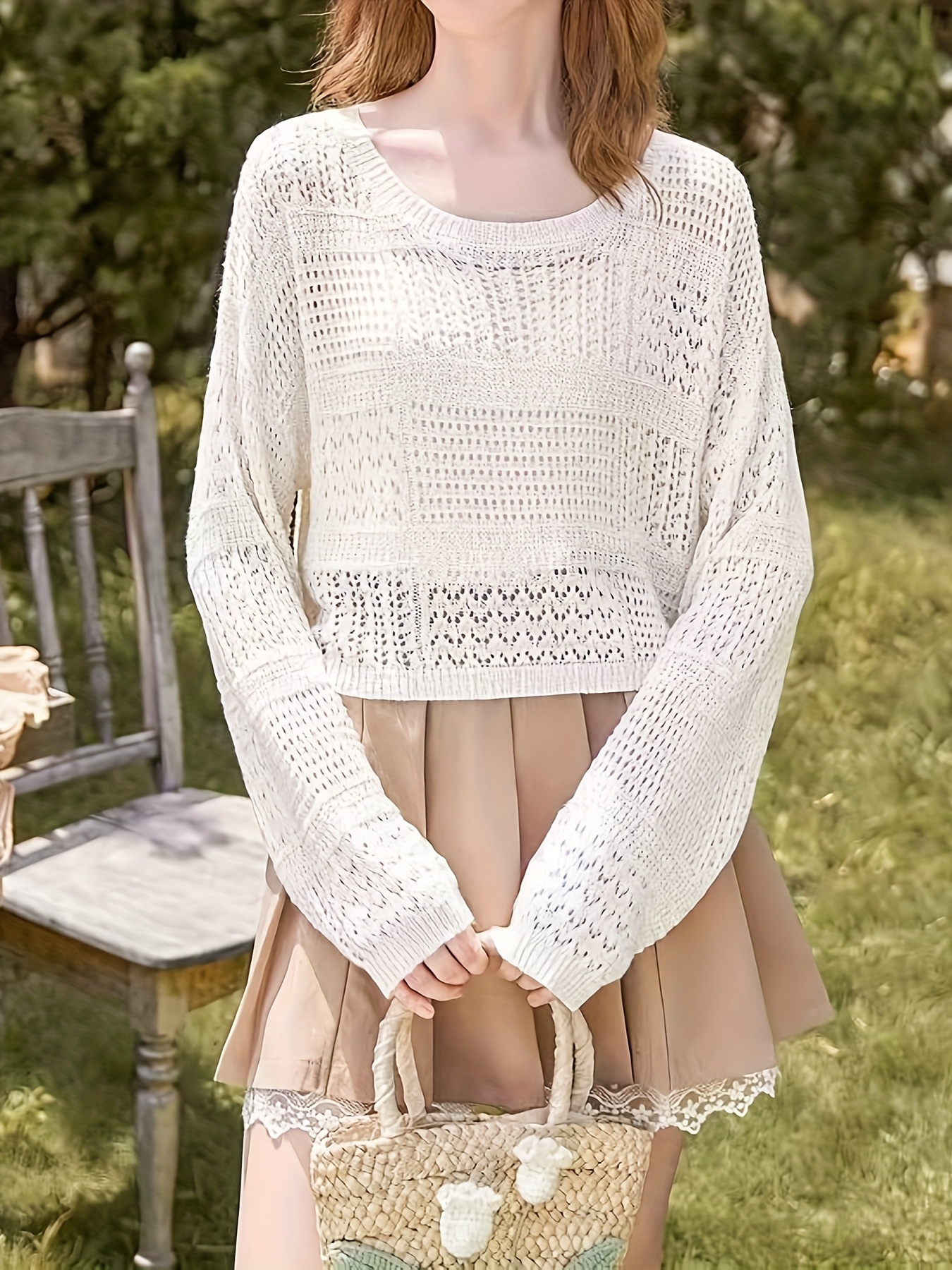 womens lightweight lace sweater semi sheer loose fit round Temu