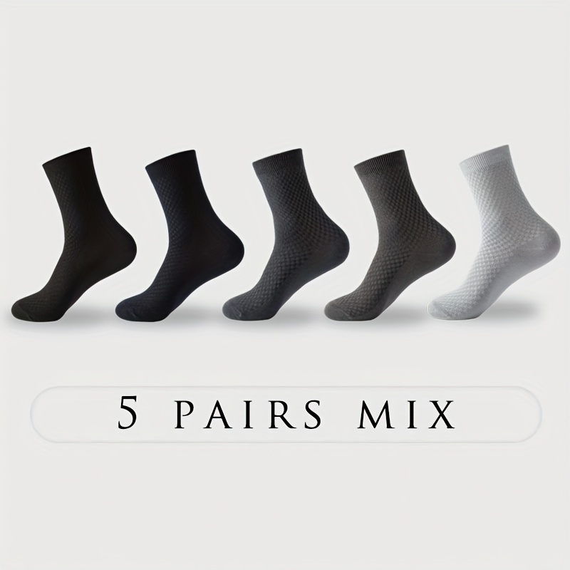 TEMU 5 Pairs Of Bamboo Fiber Men's Business Casual Mid-calf Socks, Suitable For , Comfortable, Breathable, And Soft