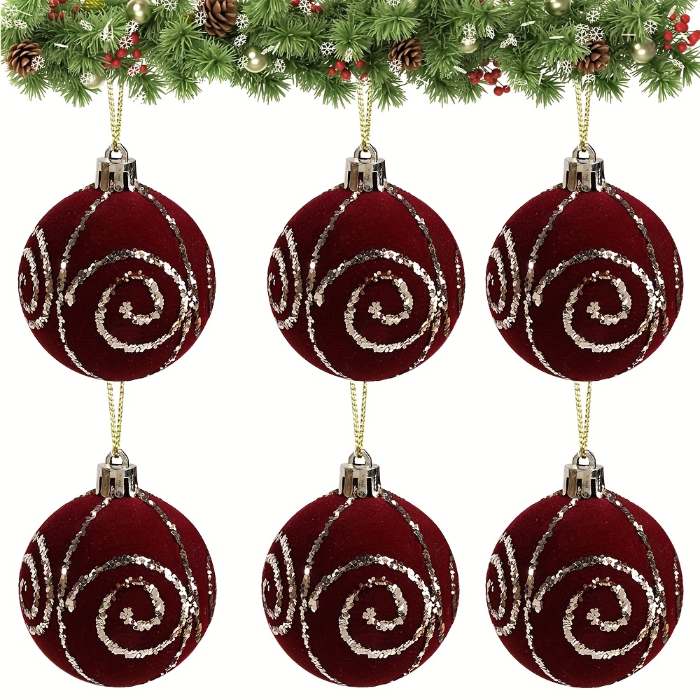 6pcs Christmas Velvet Balls, Glitter Christmas Ball Decorations, Sparkling Christmas Tree Ornament Balls, Small Hanging Balls, Wine Red Flocking Christmas Balls For Wedding Holiday