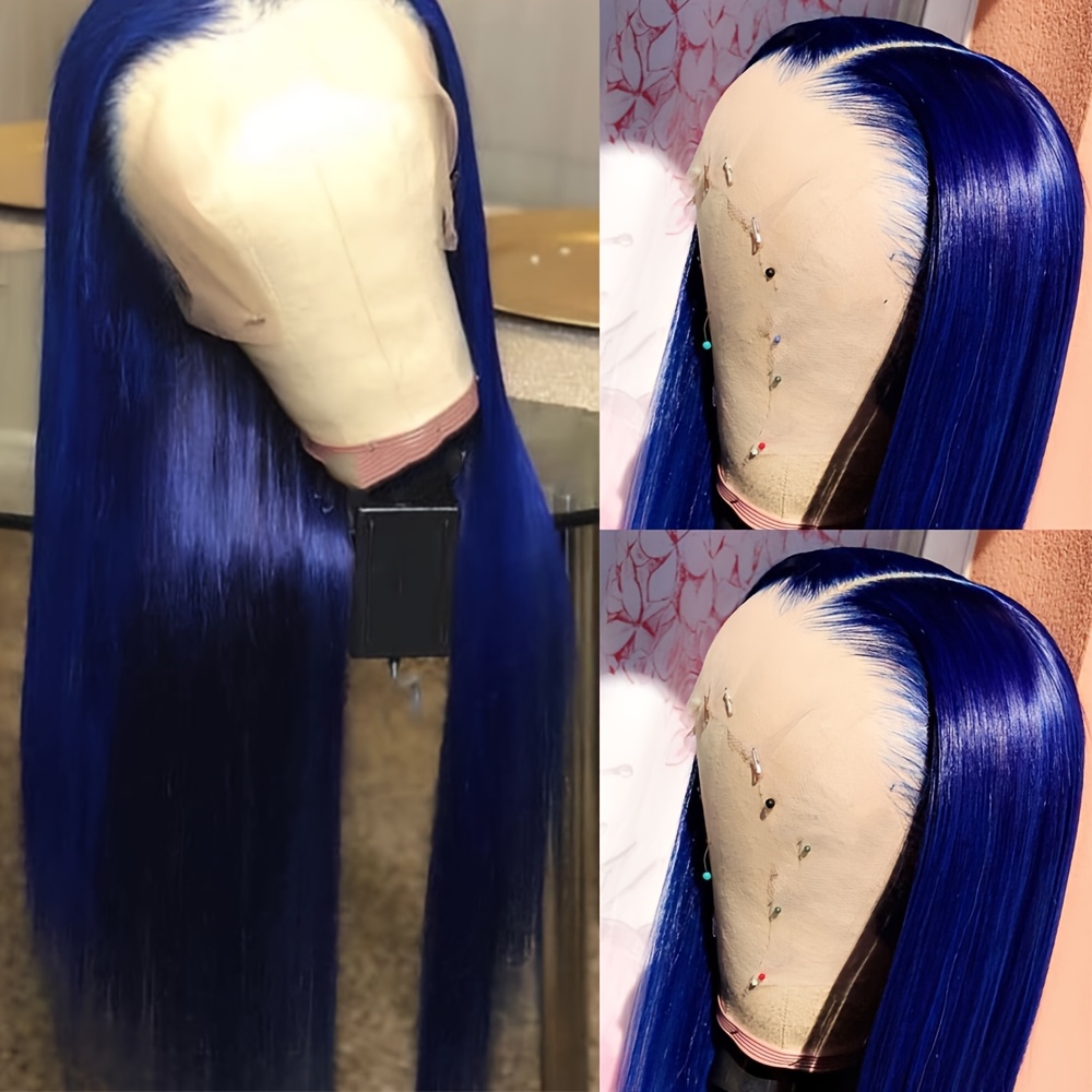 TEMU Dark Blue Lace Front Wigs Pre 13x4 Hd Glueless Blue Color Hair Synthetic Lace Front Wig Free Part For Women Daily Party Wear Heat Resistant Fiber Replacement Wig Christmas Wig