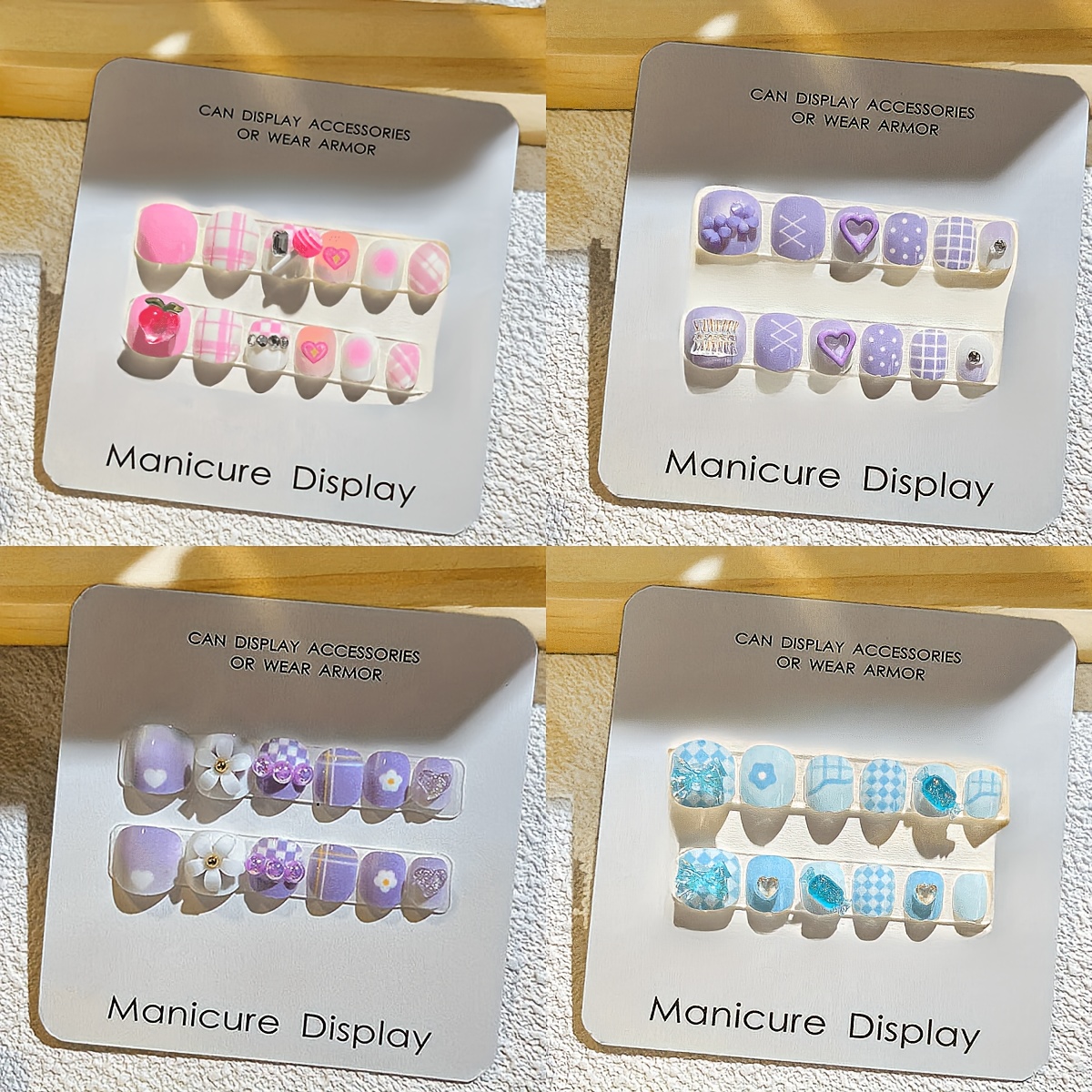 small size self     nail tips light purple floral heart 3d relief decoration purple sparkling checkered pattern suitable for cartoon cute nail art stickers with installation   and nail file nail art tool kit holiday gift birthday gift g