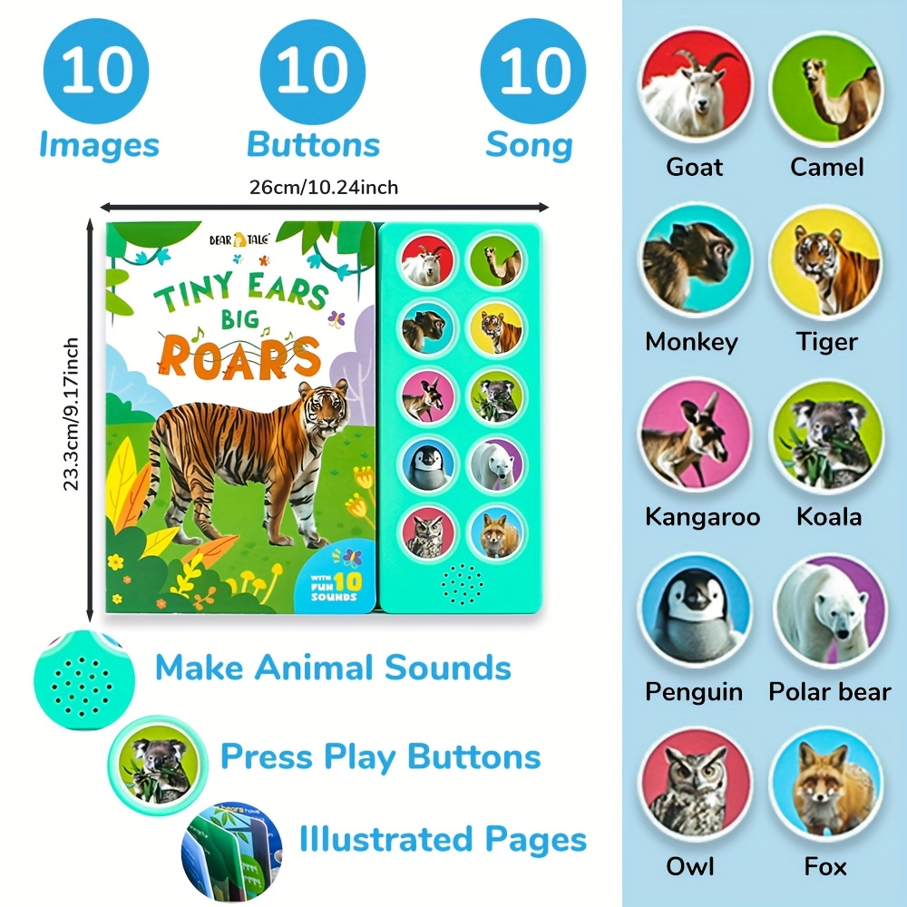 Tiny Ears Big Roars, 10-Button Sound Book with batteries included Featuring Wild Animals, Designed for Children. It Serves As an Interactive Audio Book for Learning And Education, Making It a Great Gift for Toddlers, Boys, And Girls, travel activities for kids, airplane travel activities for kids, Bear Tale®