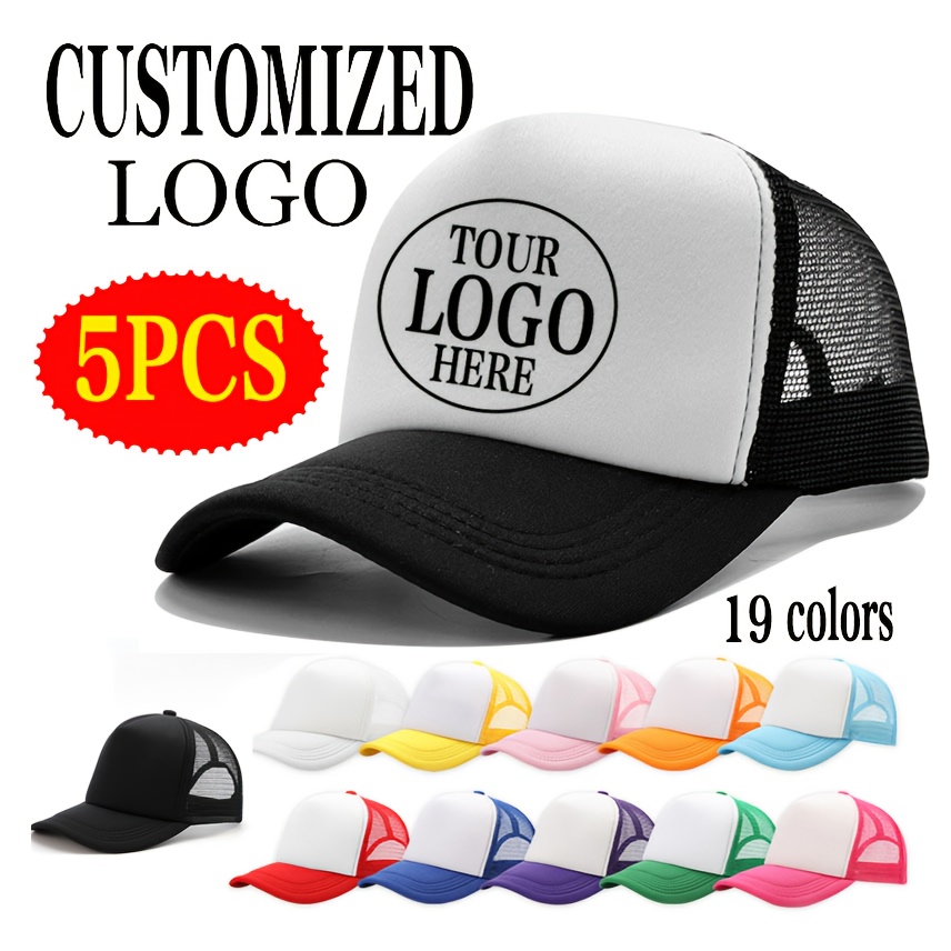 TEMU 5pcs Baseball Cap With Customized Logo For You, Adjustable Size Mesh Trucker Hat, 18 Colors White Black Gray Green Purple Army Color, Diy Hat