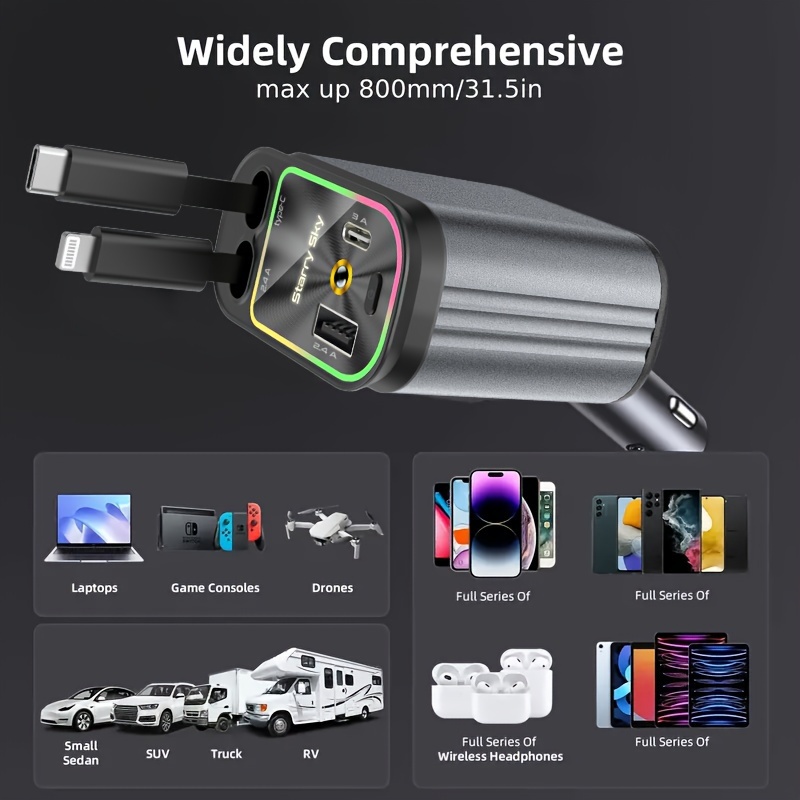 retractable car charge projector led car ceiling s charging usb car 66w 2 6ft retractable typec and 2 usb compatible for iphone samsung xiaomi etc details 7