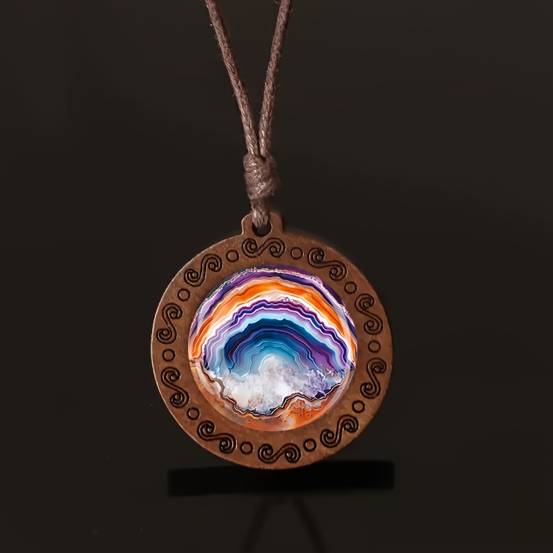 Multicolor Textured Wooden Necklace, Retro Style