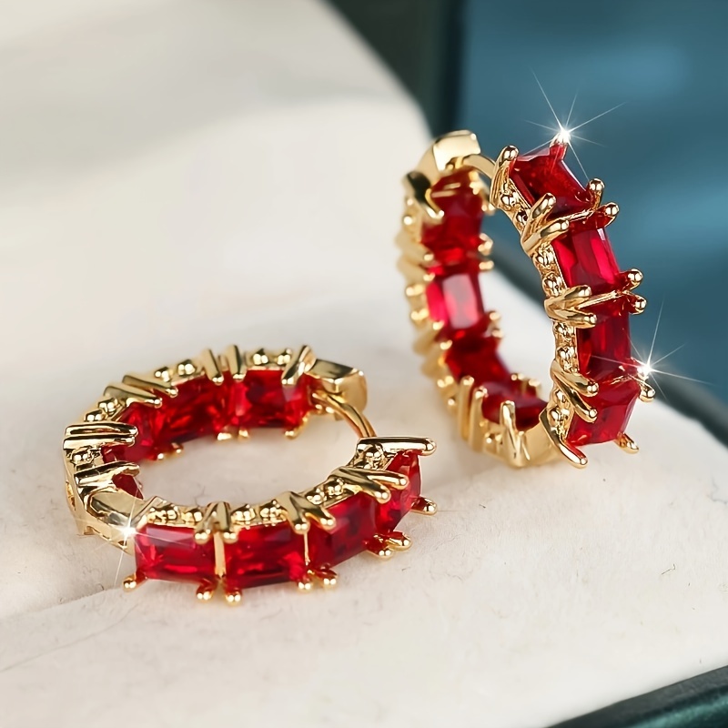 TEMU Luxurious Red Synthetic Zirconia Hoop Earrings For Women, Banquet Wear, Perfect Gift For Her, Durable And Shiny Accessories