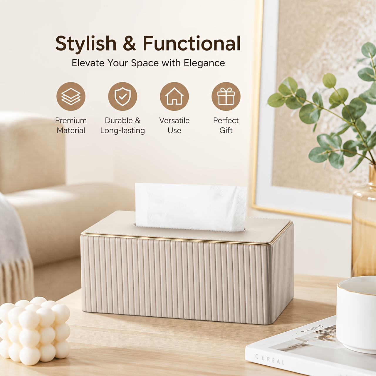 TEMU Cream White Vertical Striped Faux Leather Tissue Box With , Desktop Napkin Dispenser, Large Size Tissue Storage Box, Ideal Christmas Home Gift