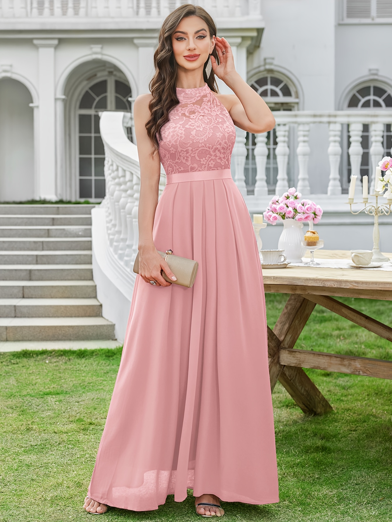 womens elegant lace halter neck sleeveless chiffon wedding - Temu Australia