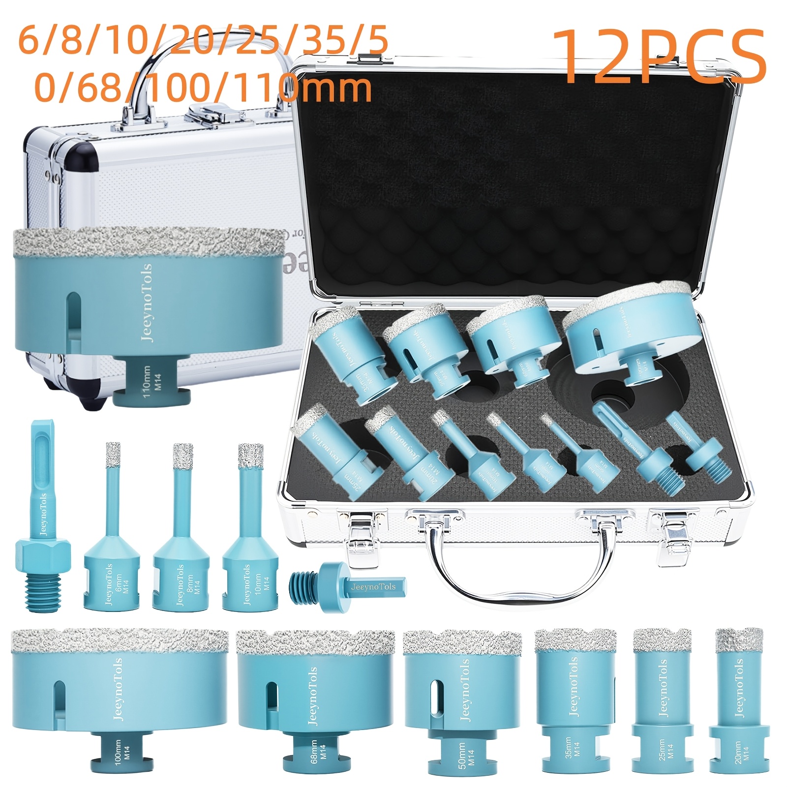 Image of Set Of 12 Diamond Drill Bits, Including Sizes 6, 8, 10, 20, 25, 35, 50, 68, 100, And 110mm, Along With Adapters. Suitable For Drilling Ceramic Tiles, Marble, And Porcelain
