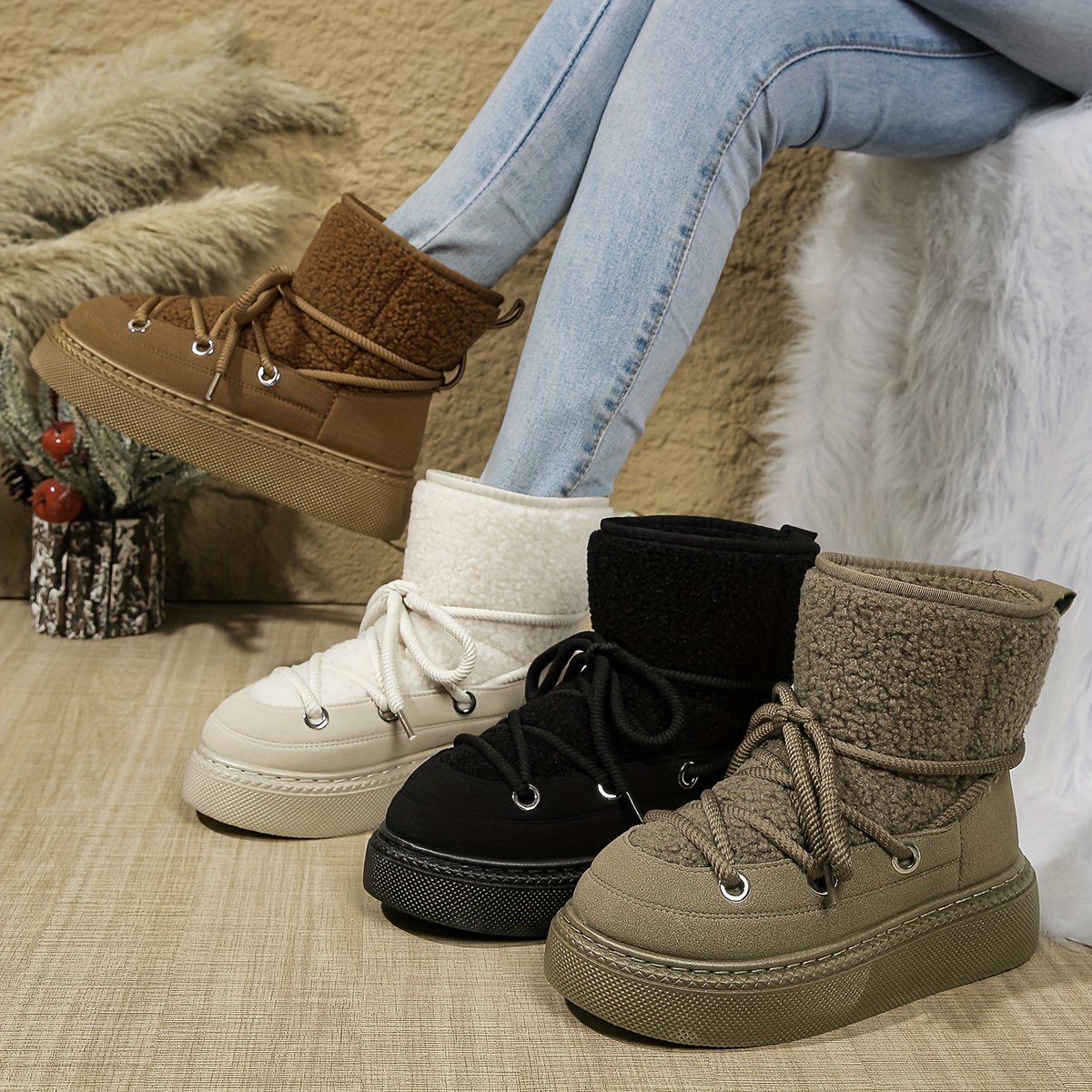 

Women' Casual Mid-calf Boots With , Plush Faux Fur , Round Toe, Medium Height Heel, Slip-on Winter Boots