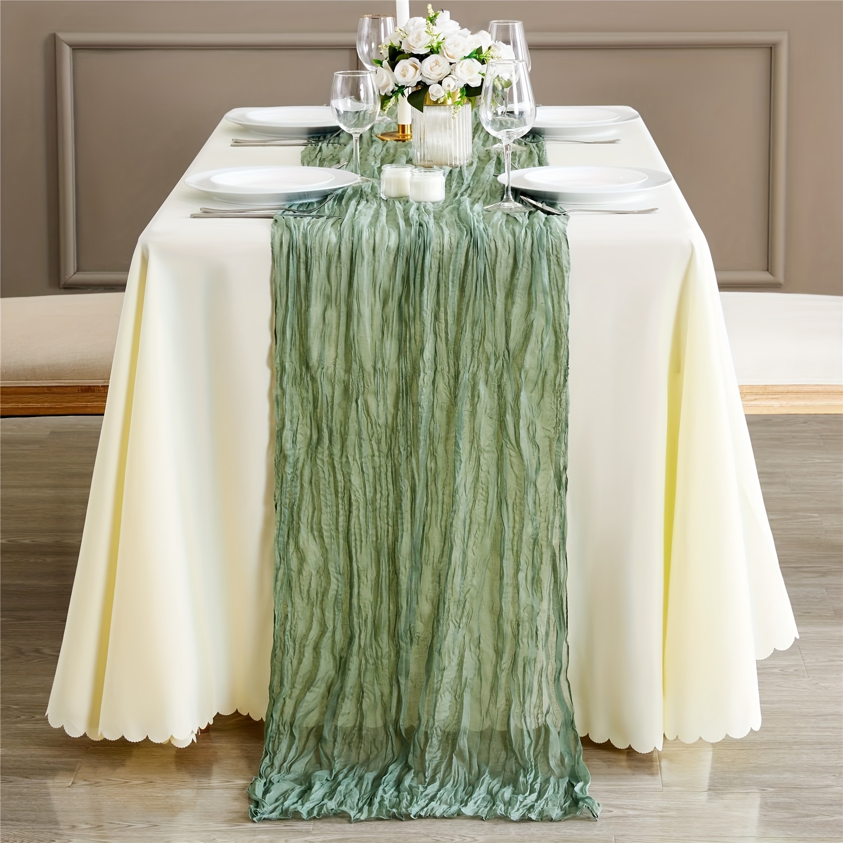 10pcs Elegant Sage Green Polyester Table Runners Vintage