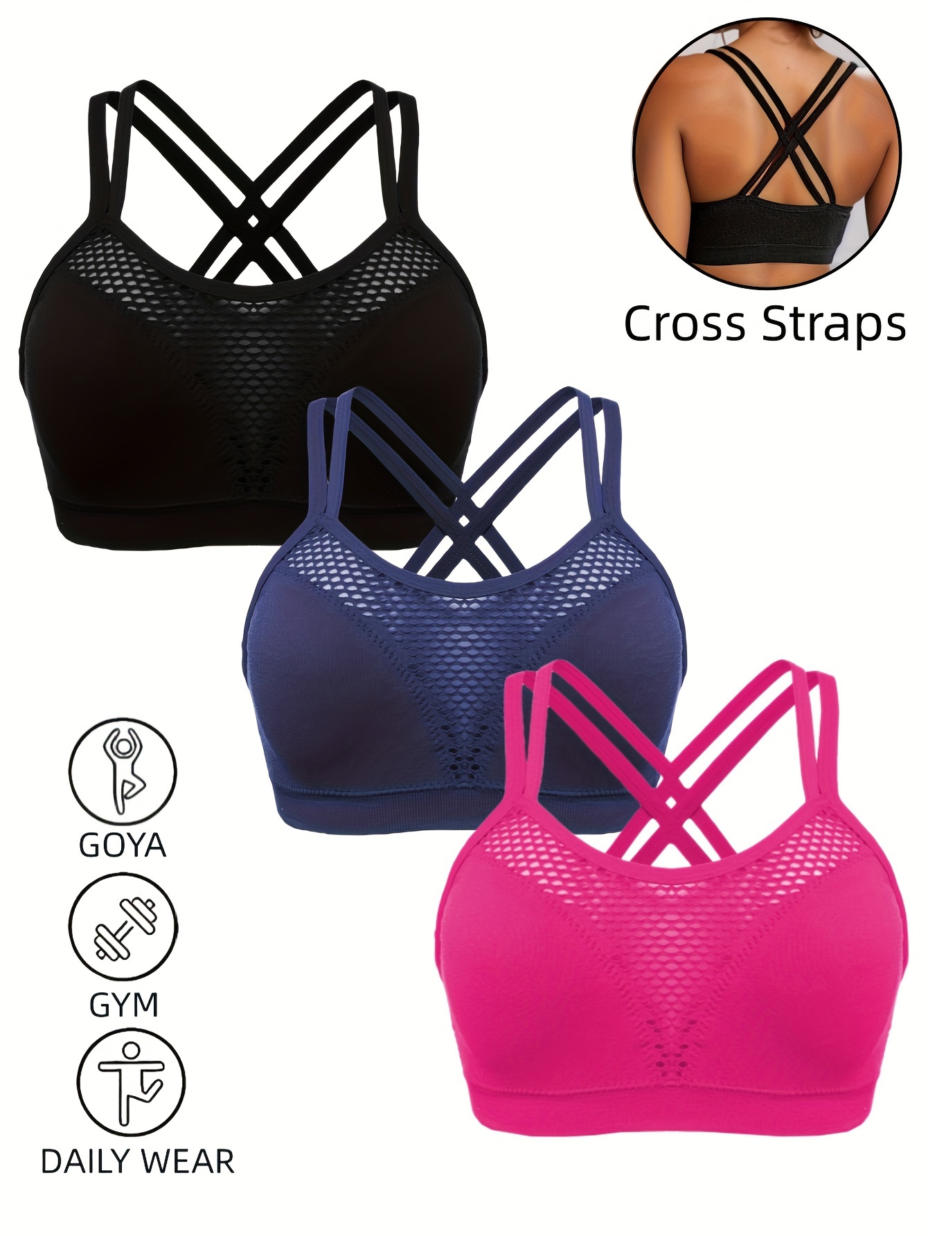 3 Pcs Solid Color Criss Cross Front Sports Bra, Fashion Hollow Out Yoga  Cropped Tank Top, Women's Activewear