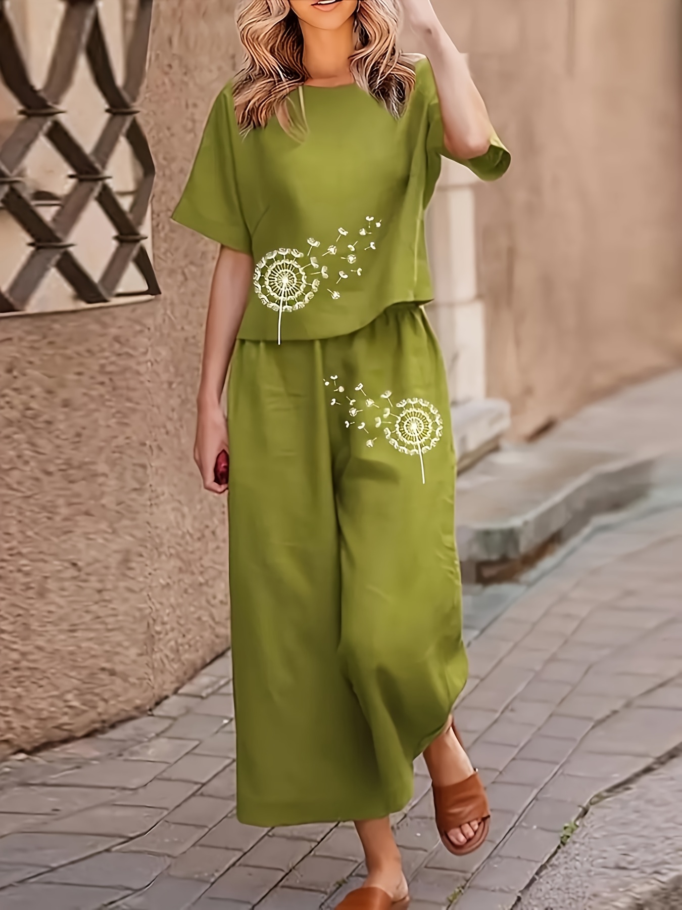 womens casual position print long pants short sleeve suit