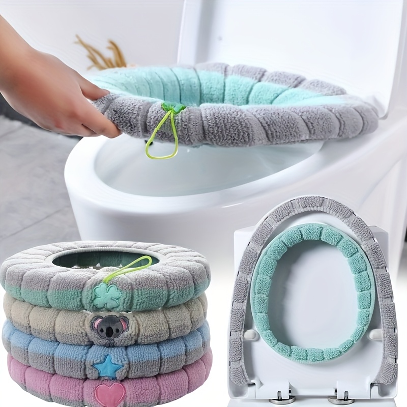 

4-pack Cozy Knitted Toilet Seat Covers, Thickened Washable Polyester Fiber, Non-slip Bathroom Seat Protector With Drawstring