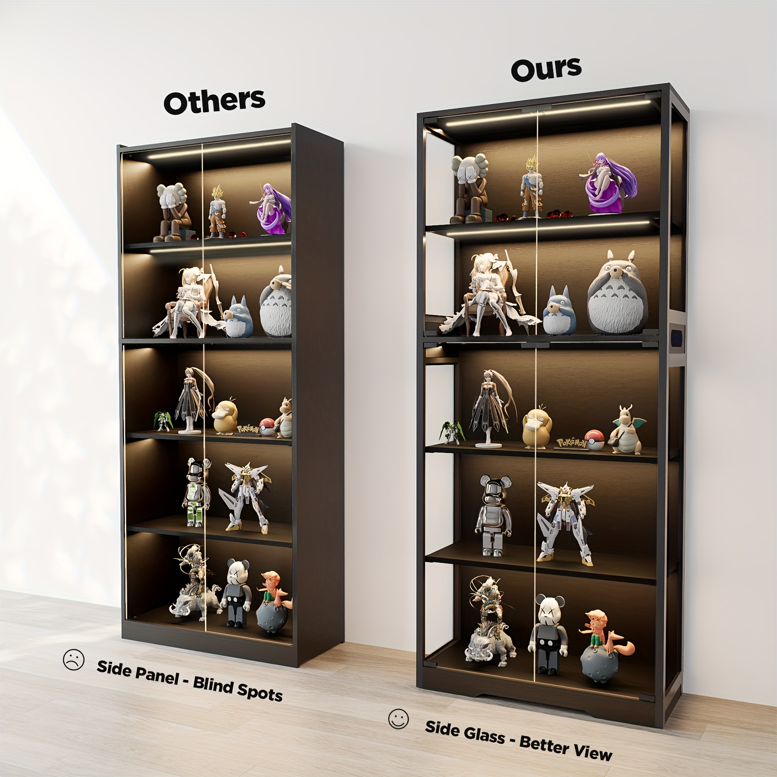 5-Tier Display Cabinet with Glass Doors, Dimming LED Lights And Motion Sensor, for Collectible Figures, Living Room, Bedroom, Or Office, Metal Frame