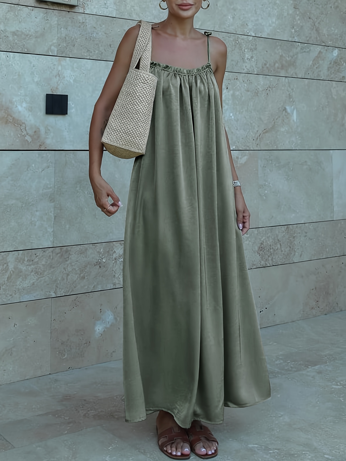 womens sage green satin maxi dress ruffle trim thin strap - Temu Mauritius