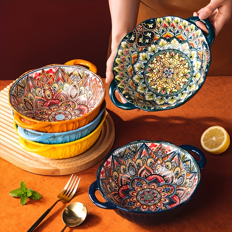 

4pcs Chic Hand- Ceramic Bowls - Double-sided Underglaze Decorative Serving Dishes For Salad, Pasta, Home & Restaurant Use, Multi- Kitchenware, Ideal For Holidays & , 9.5", Shelf Baskets