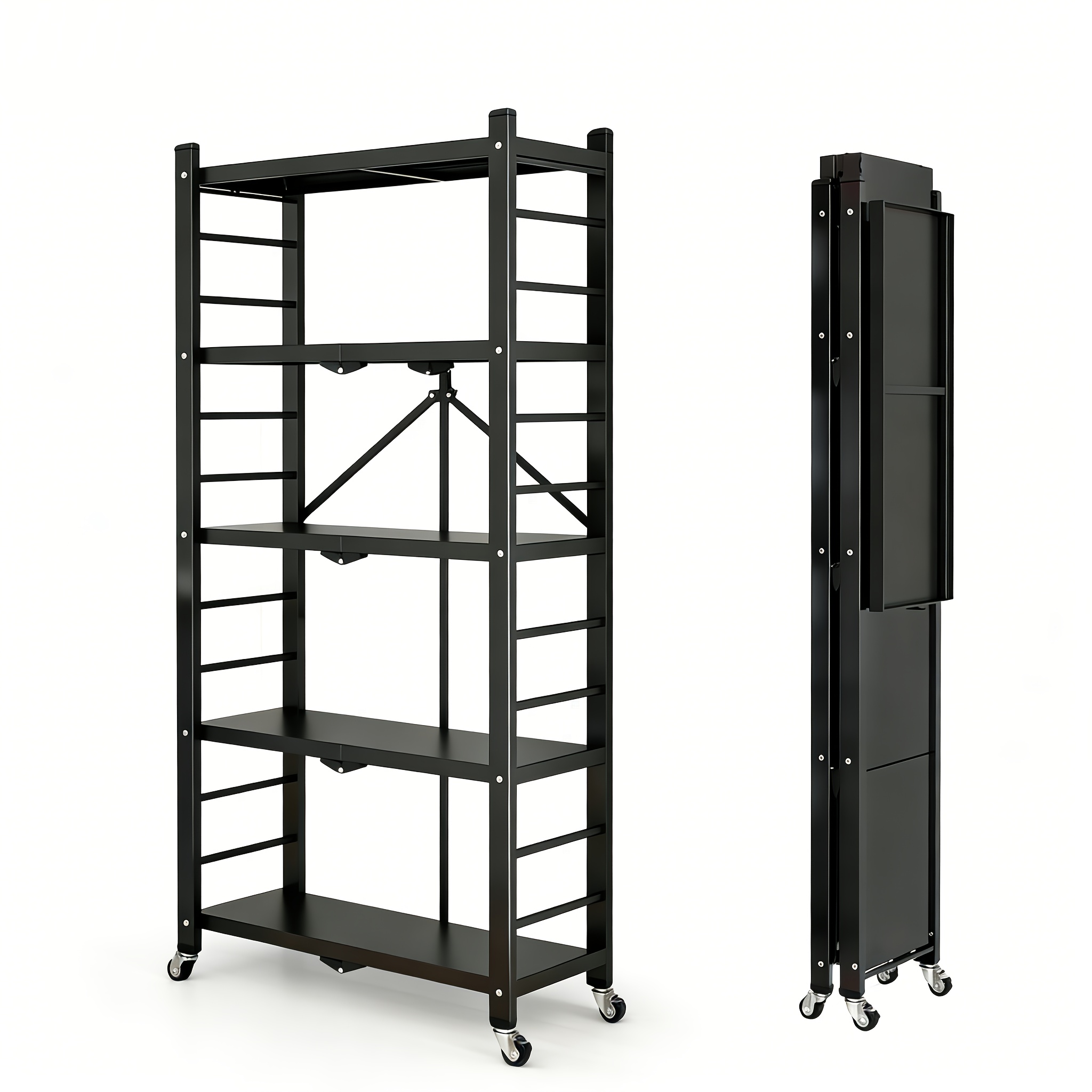 Heavy-duty Collapsible Metal Shelving Unit, 5-tier Storage Rack With Wheels, Upgraded, Portable, No , Expands In , Large Capacity, Space-, Only 9cm When Folded, Sturdy And Durable Metal Structure