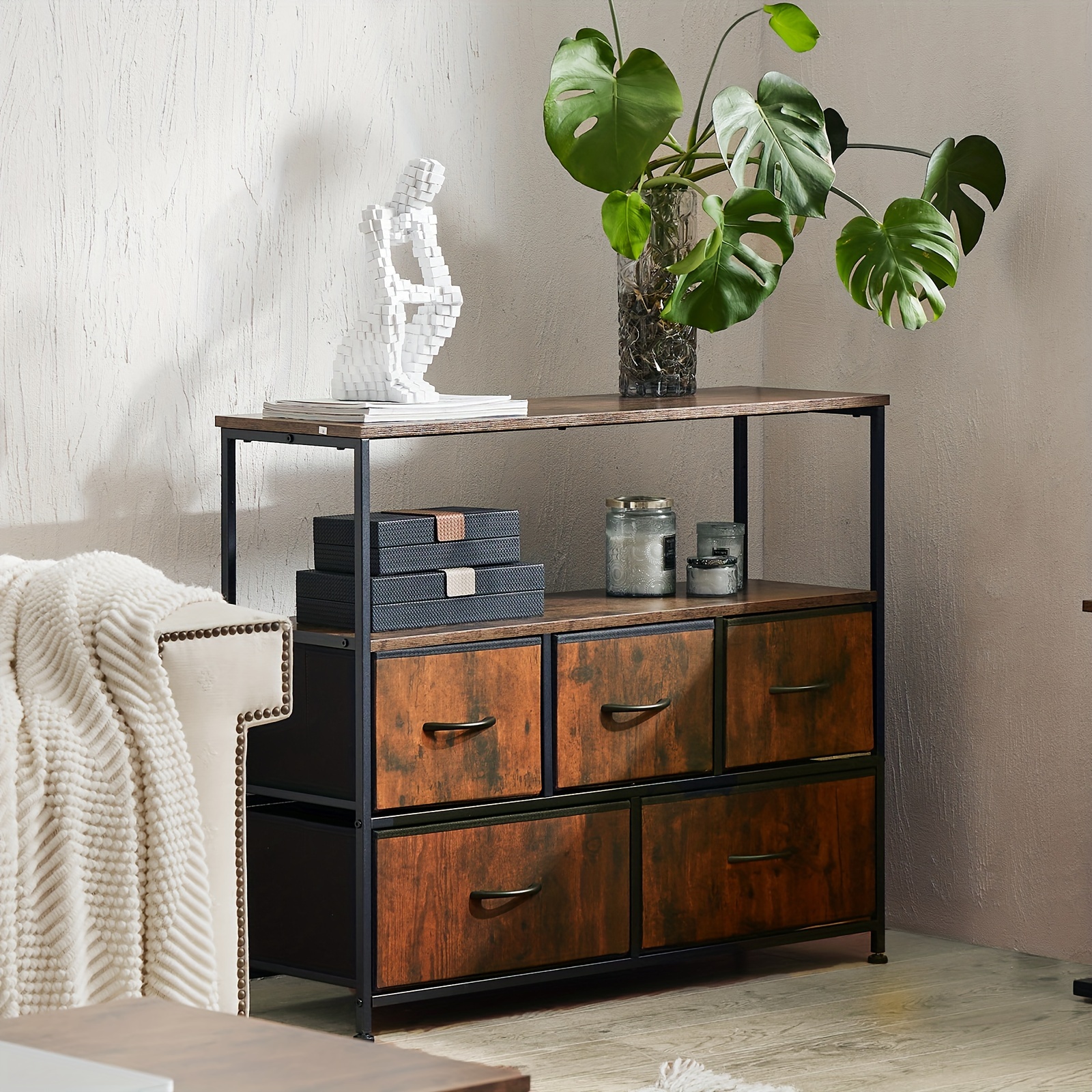 

Dresser For Bedroom With 5 Storage Drawers, Tv Stand Dresser With Open Shelf, Fabric Storage Tower Organizer , Chest Of Drawers For Closet, Nursery, Living Room - Rustic Brown