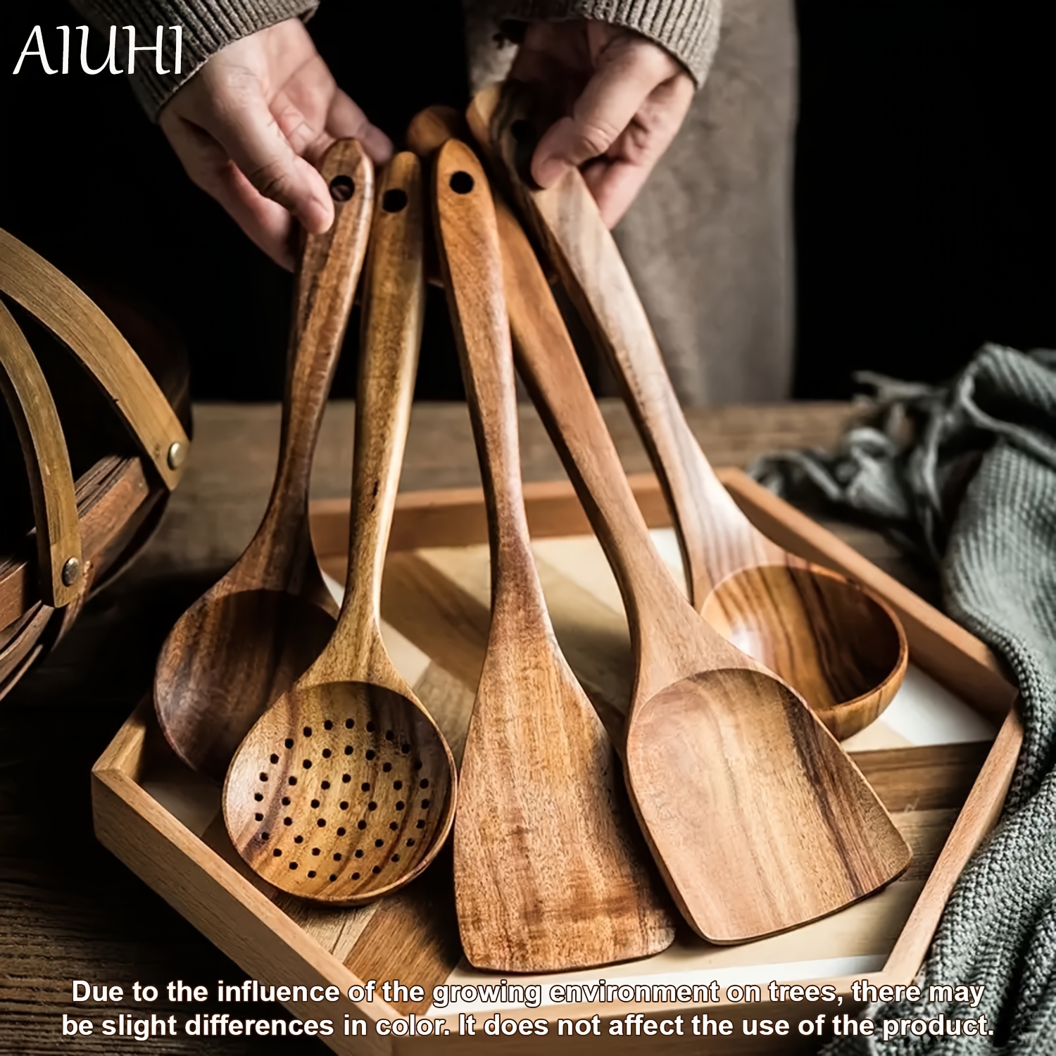 Image of Aiuhi 3pcs-202g/5pcs-345g Wooden Kitchen Utensils Wooden Spoons, Kitchen Tool For Cooking And Serving Kitchen Spoon