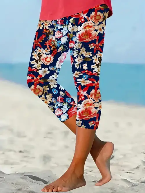 Leggings finas com estampa floral leggings casuais de verão - Temu Portugal