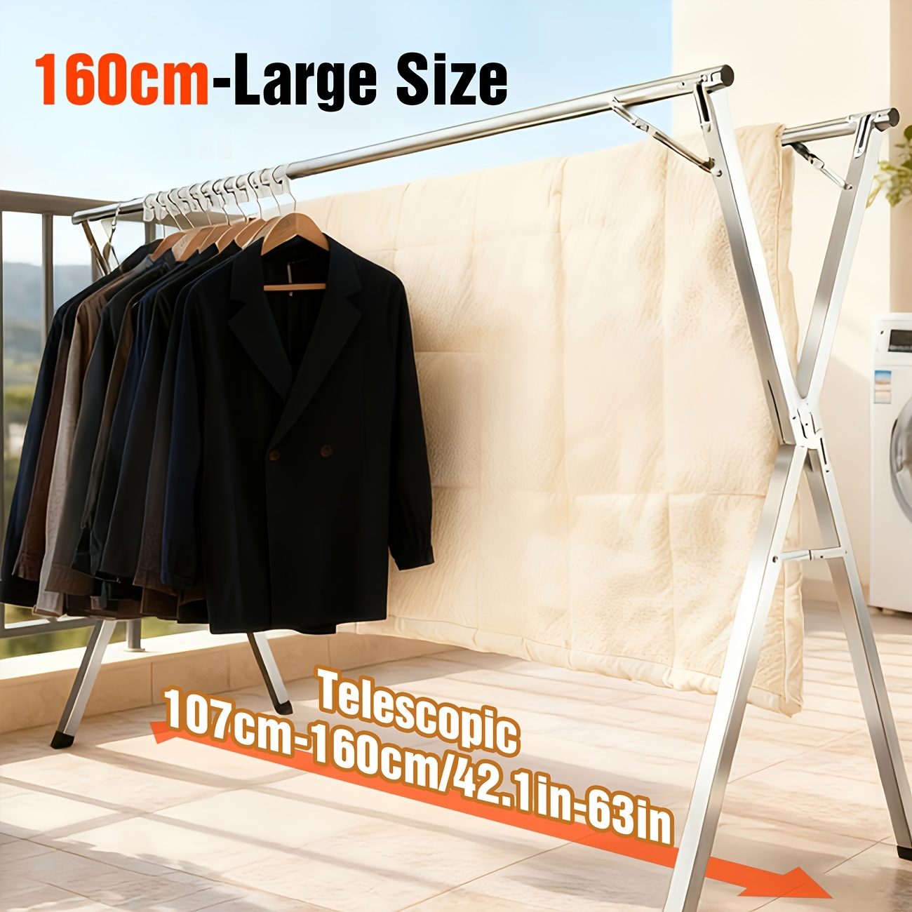 TEMU Heavy-duty Foldable Clothes Drying Rack | 62.9/79inch Extendable Rods & Windproof Hooks - Large Capacity Stainless Steel Laundry Dryer Shelves