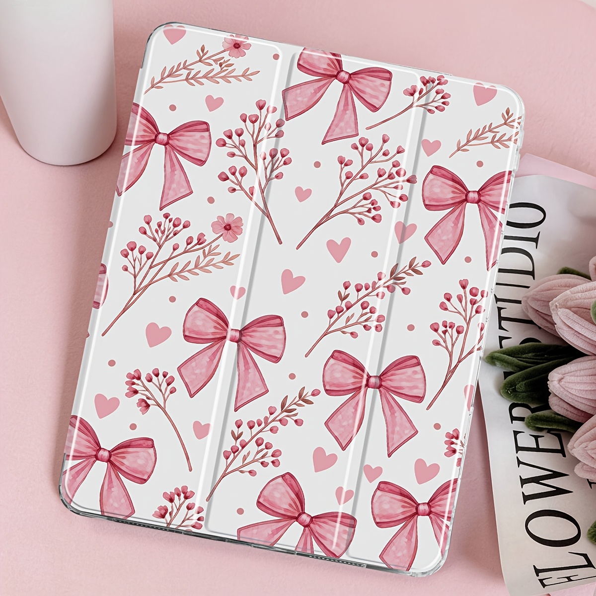 TEMU Pink Floral Branch Bow Pattern Tablet Case Compatible With For Ipad (a16) 11 Inch / 11th Generation Protective Cover, Compatible With For Inch